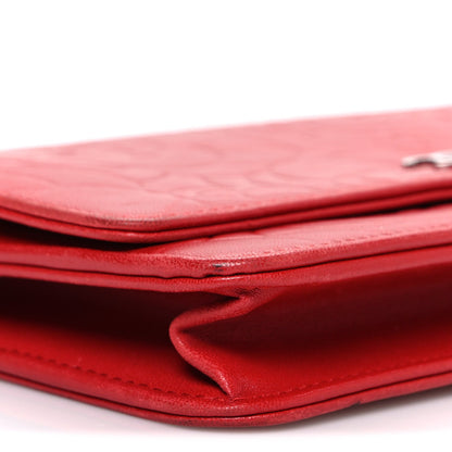 Lambskin Camellia Embossed Wallet on Chain WOC Red