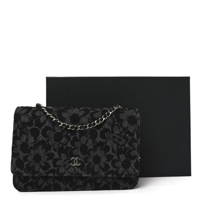 Printed Denim Quilted Flower Wallet On Chain WOC Black