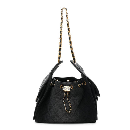 Washed Denim Quilted Small Chanel 25 Handbag Black