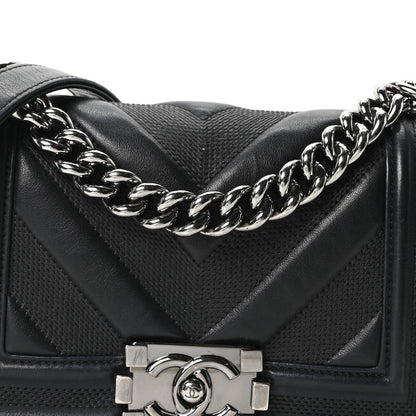Calfskin Perforated Chevron Quilted Small Boy Flap Black