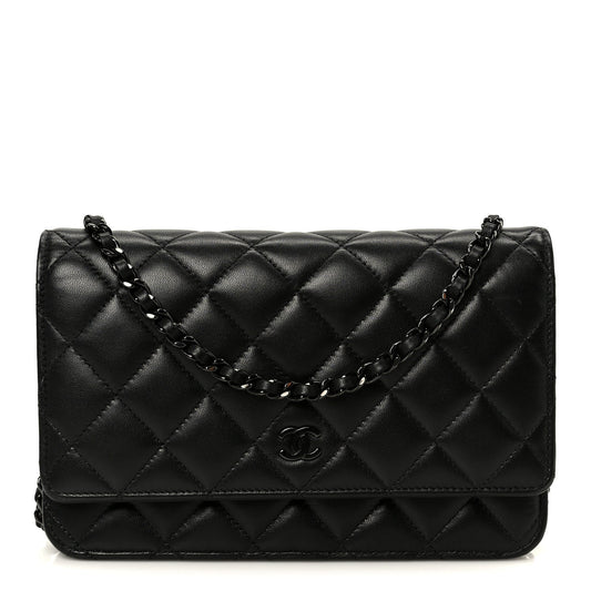 Pearly Lambskin Quilted Wallet On Chain WOC So Black