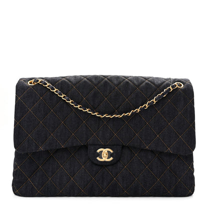 Denim Quilted XXL Travel Flap Bag Dark Blue Orange
