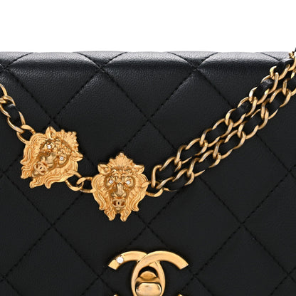 Lambskin Quilted Lion Motif Wallet On Chain WOC Black