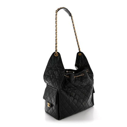 Shiny Crumpled Calfskin Quilted Medium Chanel 25 Handbag Black