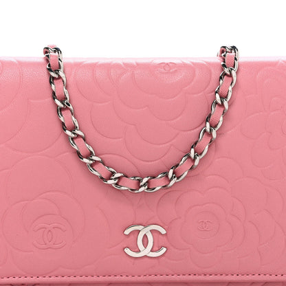 Lambskin Camellia Embossed Wallet on Chain WOC Pink