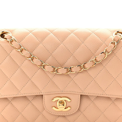 Caviar Quilted Medium Double Flap Beige
