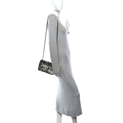Sequin Camellia Small Single Flap Silver Black