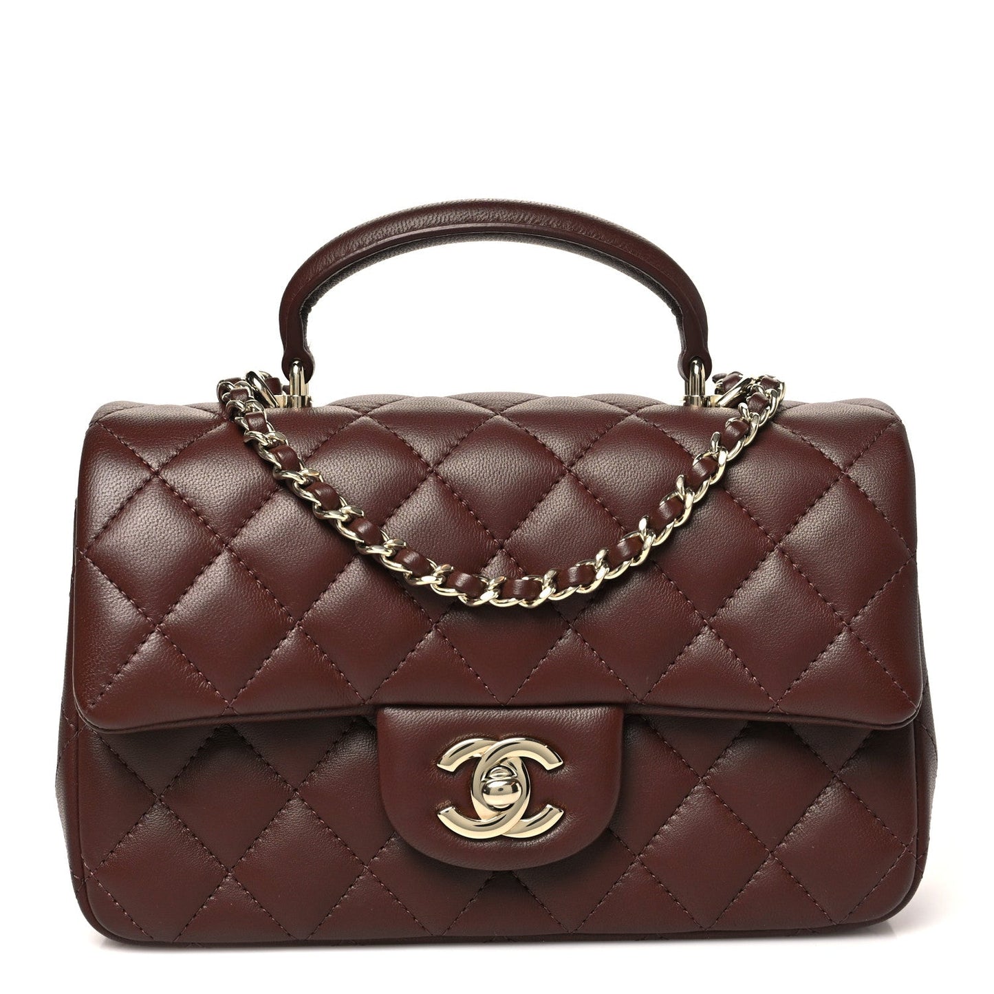 Lambskin Quilted Mini Top Handle Rectangular Flap Dark Brown