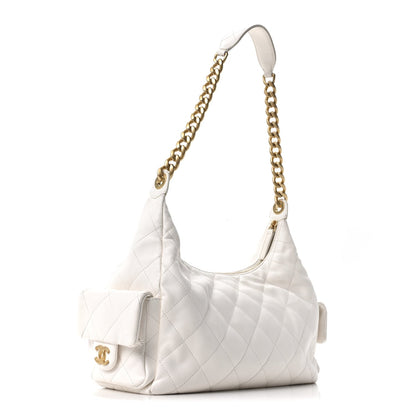 Shiny Lambskin Quilted Trendy Pockets Hobo White