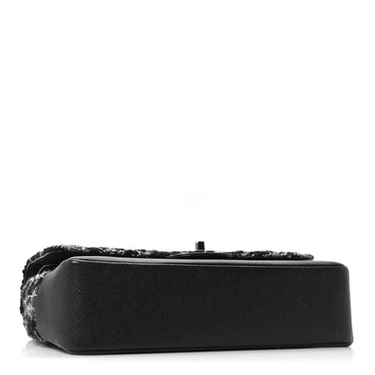 Caviar Tweed Houndstooth Quilted Medium Double Flap Black Grey
