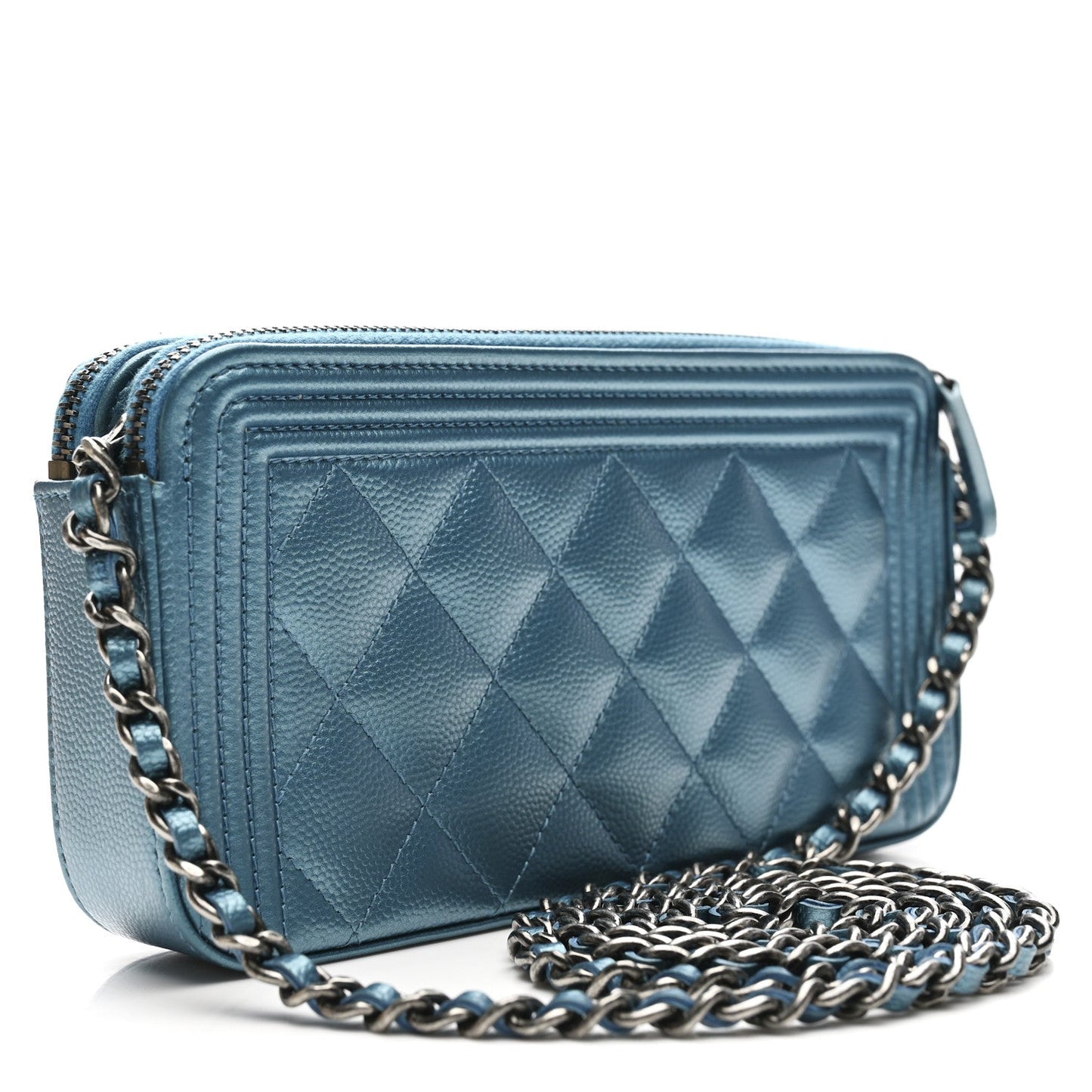 Metallic Caviar Quilted Small Boy Clutch With Chain Turquoise