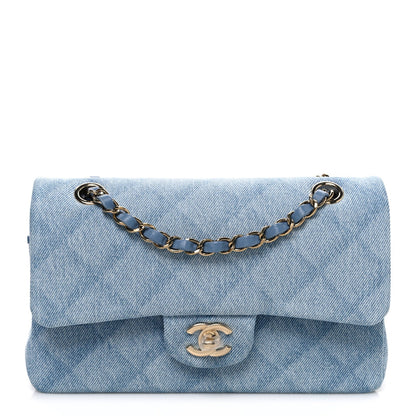 Printed Denim Quilted Small Double Flap Light Blue