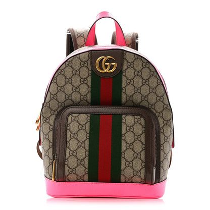 GG Supreme Monogram Textured Dollar Calfskin Web Small Ophidia Day Backpack Beige Ebony Fluorescent Fuchsia
