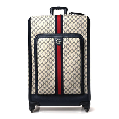 GG Supreme Monogram Textured Dollar Calfskin Web Large Savoy Trolley Suitcase Beige Blue