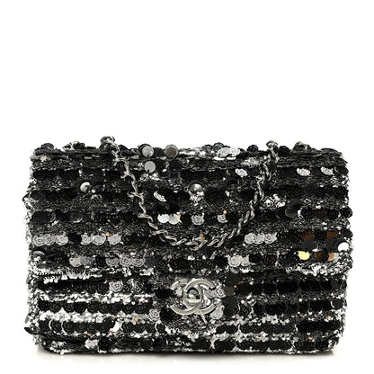 Sequin Camellia Small Single Flap Silver Black