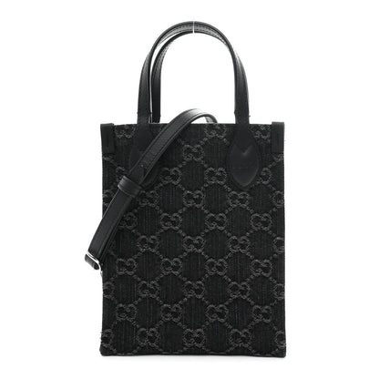 Denim Cuoio Harness GG Monogram Mini Ophidia Tote Bag Black Medium Grey