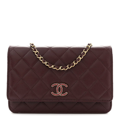 Shiny Caviar Quilted Strass Wallet On Chain WOC Bordeaux