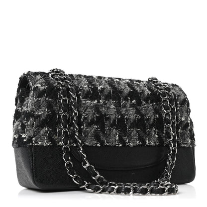 Caviar Tweed Houndstooth Quilted Medium Double Flap Black Grey