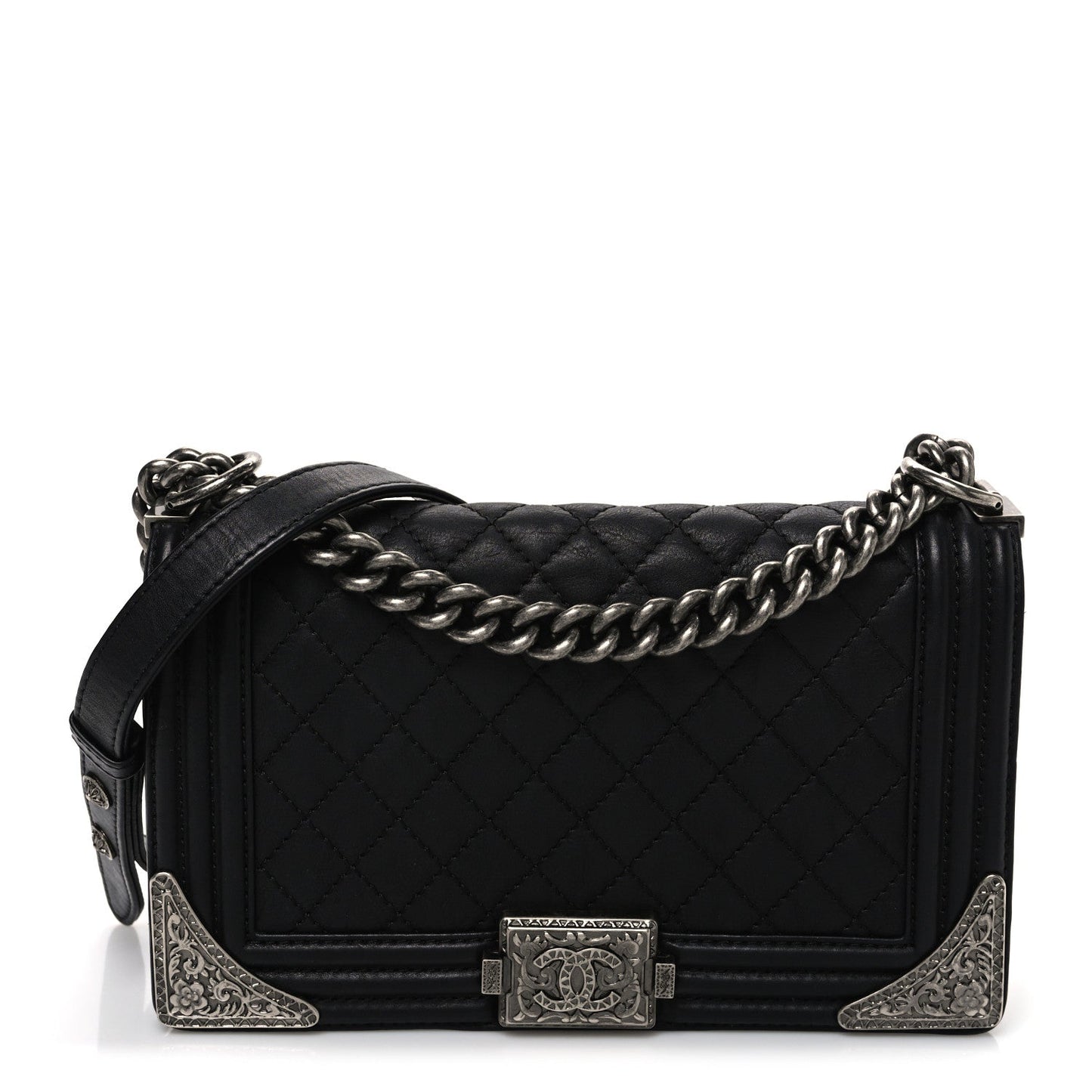 Calfskin Quilted Metal Embellished Paris Dallas Medium Boy Flap Black